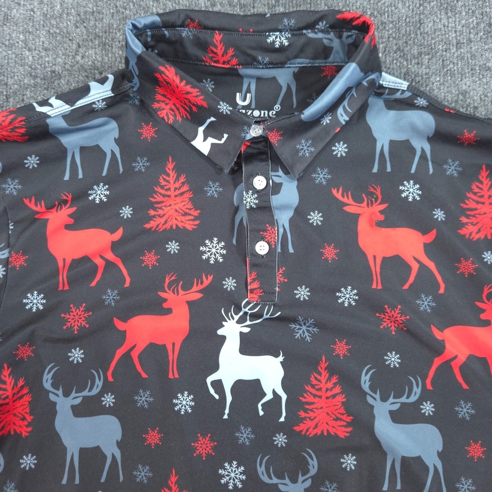 Uideazone Performance Polo Mens L Black Red Gray Deer Tree Snowflake Shirt